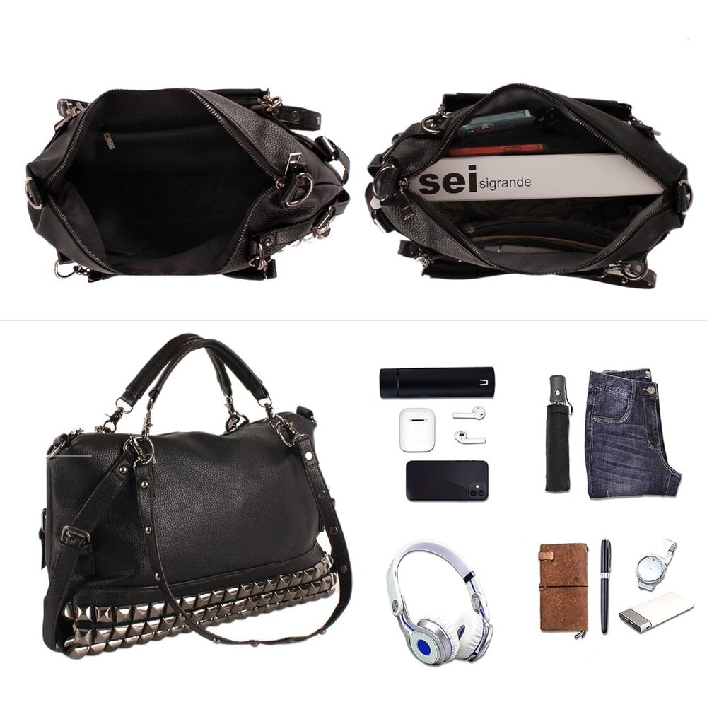 Punk Rivet Hobo Handbag for Women Large Crossbody Faux Leather Black Stylish Ret - Picture 4 of 6